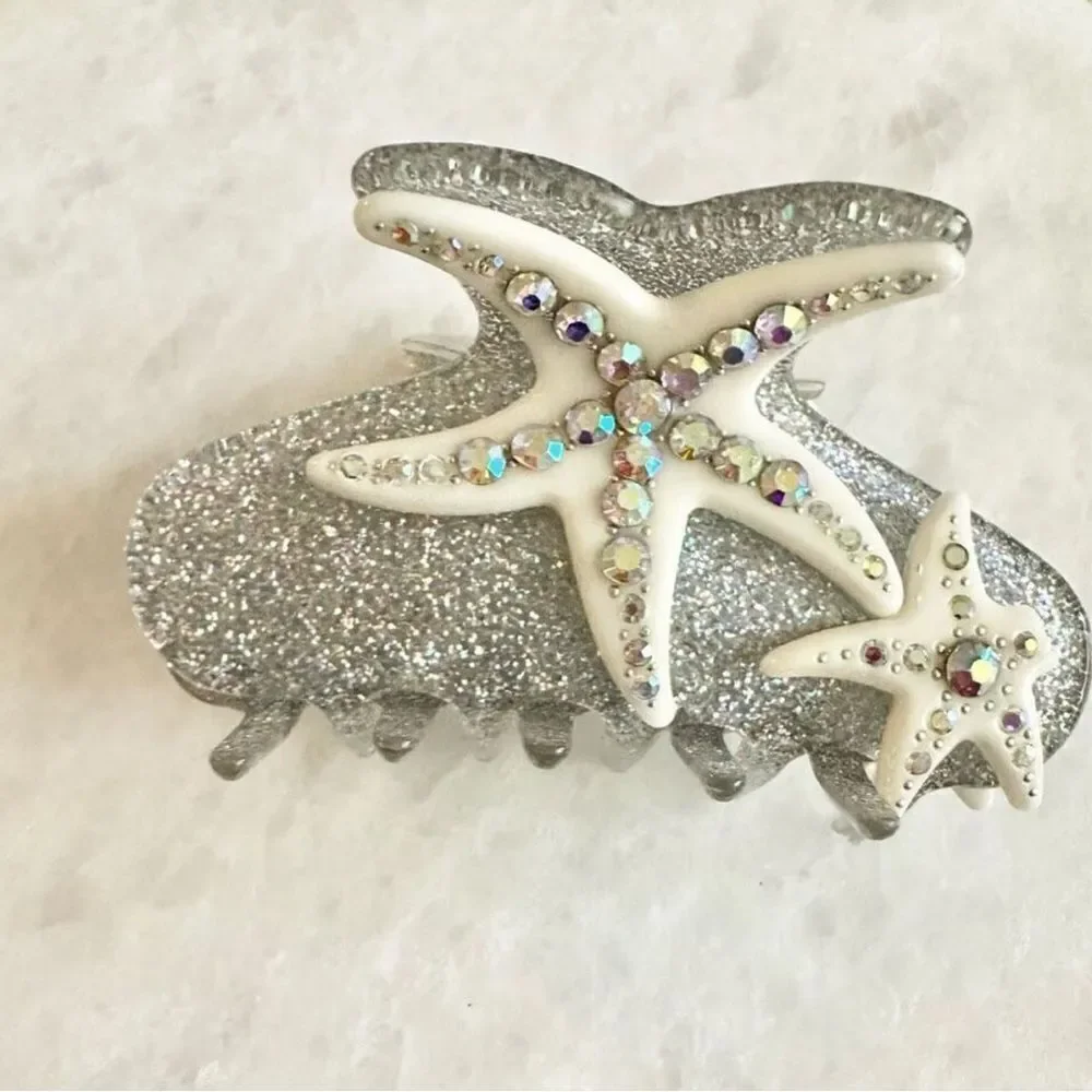 Mermaid Starfish Rhinestone Hair Claw Clip | White & Silver Glitter Coastal
